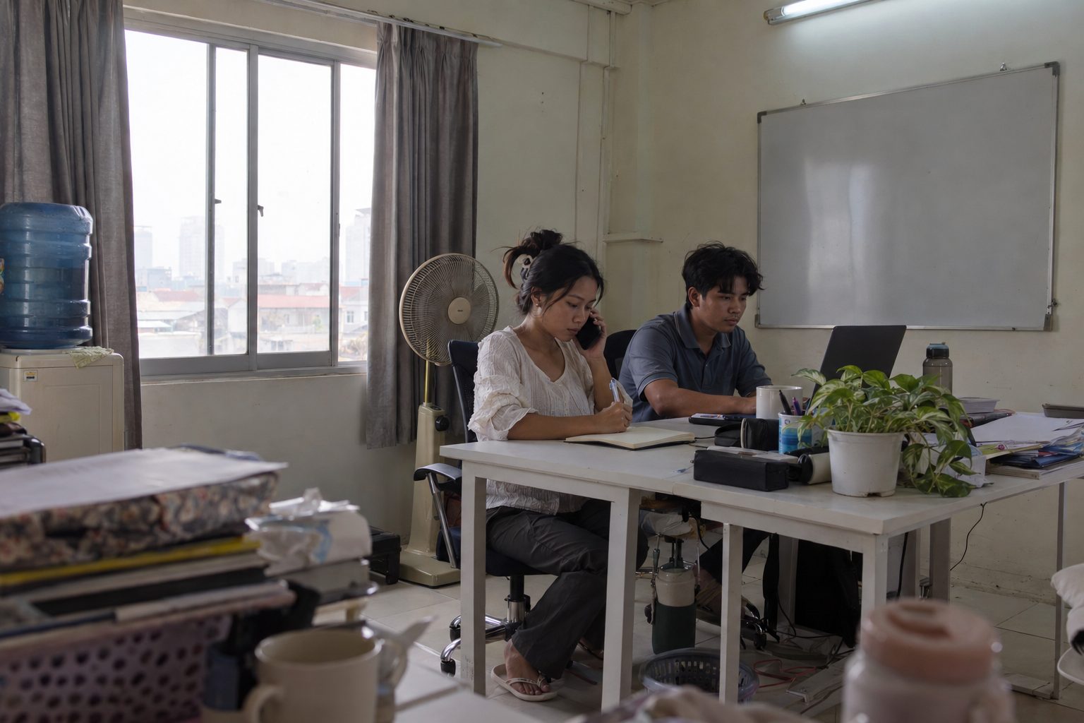 Two young coordinators at work in a small, bright office in Phnom Penh, one on the phone.