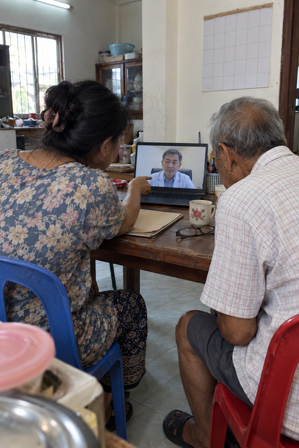 A daughter and her father on a video call with a doctor, seen over their shoulders.