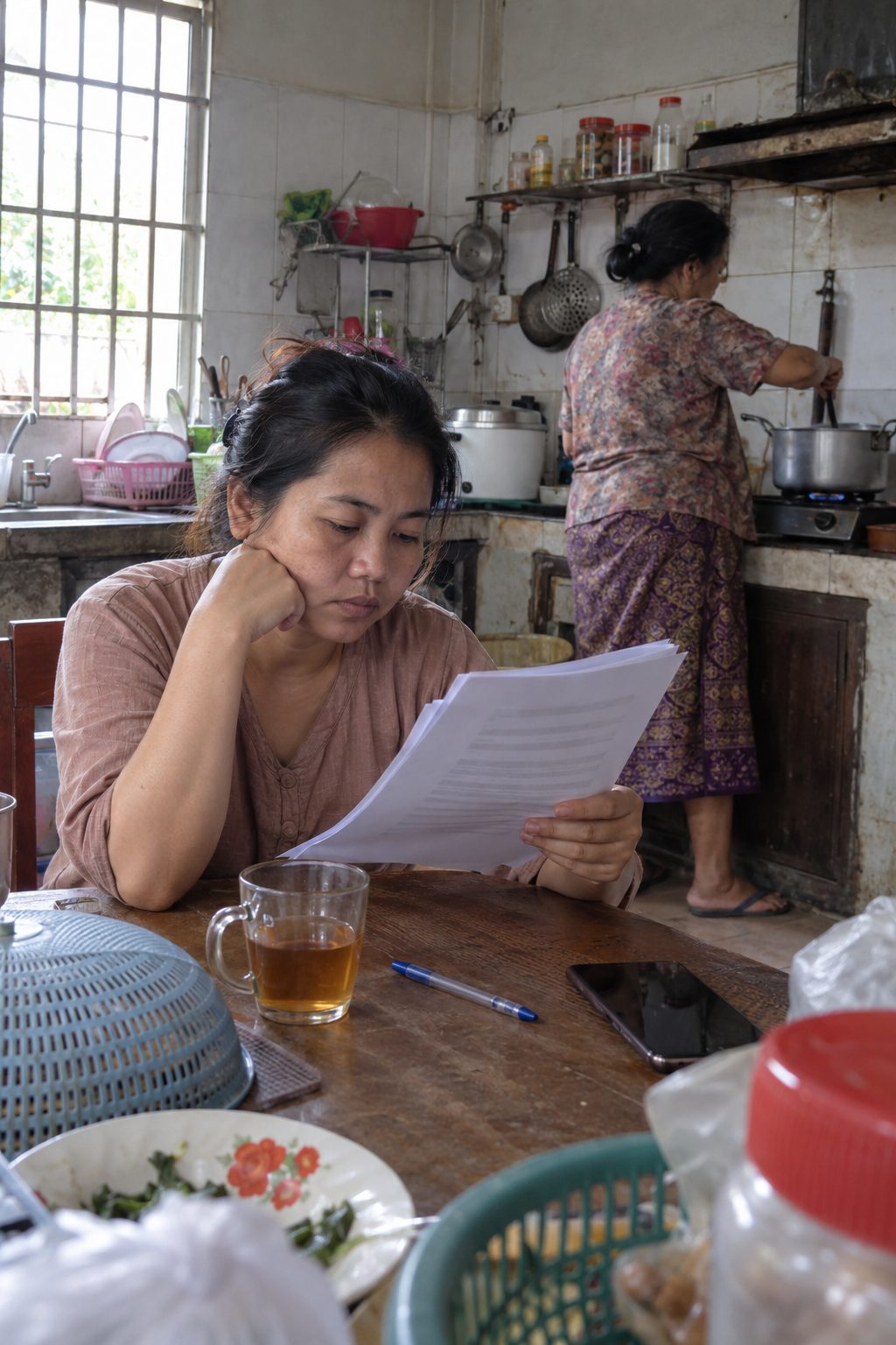 A daughter reads a few printed pages at the kitchen table while her mother cooks behind her.